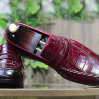 Handmade Men's Burgundy Alligator Print Leather Penny Loafer Shoes - Thumbnail 1