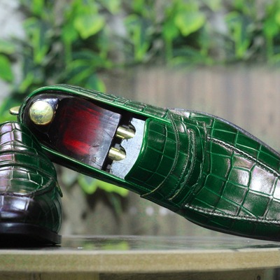 Men's green alligator print leather penny handmade loafer shoes - Thumbnail 2