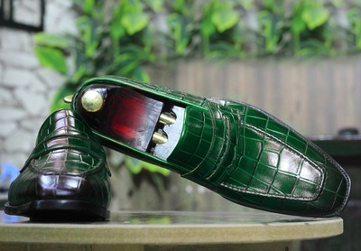Men's Green Alligator Print Leather Penny Handmade Loafer Shoes