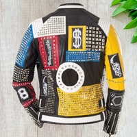 Handmade Multi Color Studded Patches Leather Jacket - Thumbnail 2