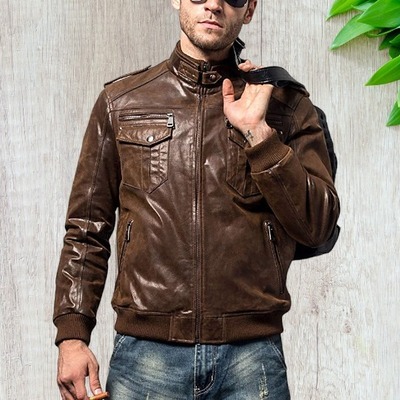 Handmade brown genuine leather jacket, men's biker zipper jacket
