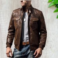 Handmade Brown Genuine Leather Jacket, Men's Biker Zipper Jacket - Thumbnail 1