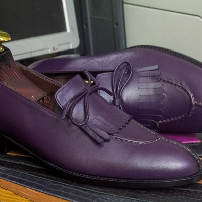 Purple leather men's tassle fringe handmade split toe loafer shoes - Thumbnail 4