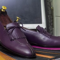 Purple Leather Men's Tassle Fringe Handmade Split Toe Loafer Shoes - Thumbnail 1