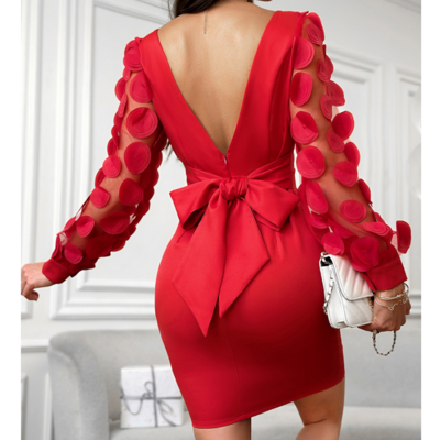 Red Mesh Jacquard Backless Casual Long Sleeve Dress