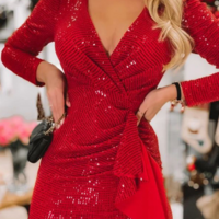 Red Sequin V-Neck Long Sleeve Dress - Thumbnail 1