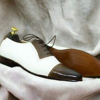 Handmade Men's Two Tone Leather Lace Up Brogue Toe Dress Shoes - Thumbnail 1