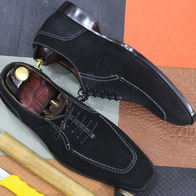 Handmade fashion black suede lace up handmade dress shoes - Thumbnail 1