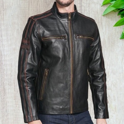 Slimfit black leather jacket zipper chest pocket, men's leather jacket