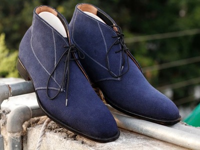 Handmade Fashion Blue Suede Lace Up Men's Derby Boots