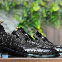 Handmade Men's Black Alligator Print Leather Penny Loafer Shoes - Thumbnail 1