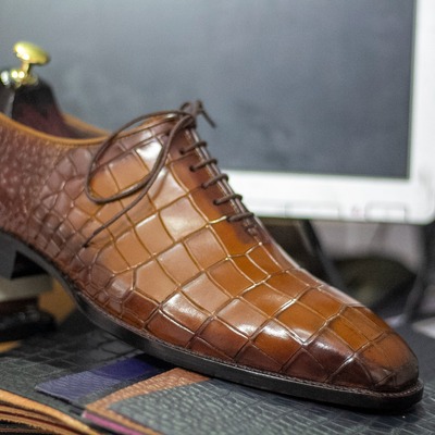 Men's brown alligator print leather lace up fashion handmade office shoes
