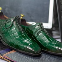 Men's Green Alligator Print Leather Lace Up Fashion Handmade Office Shoes - Thumbnail 1