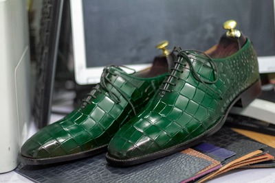 Men's Green Alligator Print Leather Lace Up Fashion Handmade Office Shoes