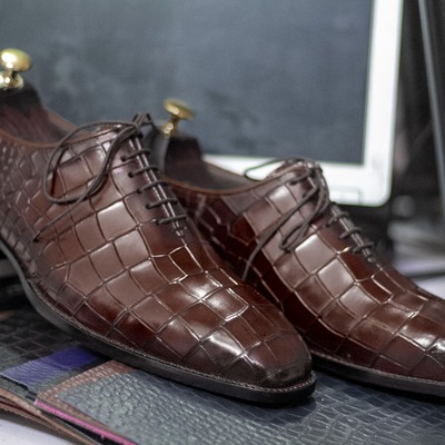 Men's chocolate alligator print leather lace up fashion handmade office shoes