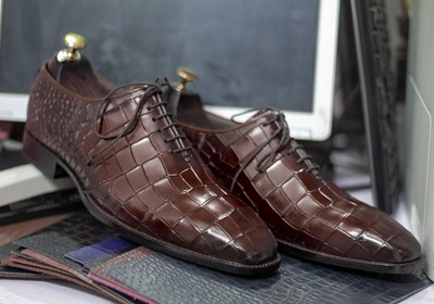 Men's Chocolate Alligator Print Leather Lace Up Fashion Handmade Office Shoes