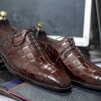 Men's Chocolate Alligator Print Leather Lace Up Fashion Handmade Office Shoes - Thumbnail 1