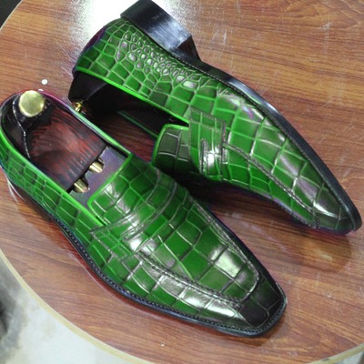 Men's green alligator print leather penny handmade loafer shoes