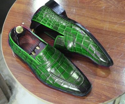 Men's Green Alligator Print Leather Penny Handmade Loafer Shoes