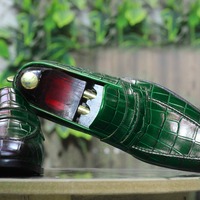 Men's Green Alligator Print Leather Penny Handmade Loafer Shoes - Thumbnail 1