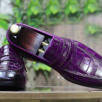 Handmade Men's Purple Alligator Print Leather Penny Loafer Shoes - Thumbnail 1