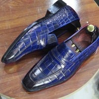 Men's Blue Alligator Print Leather Penny Handmade Loafer Shoes - Thumbnail 2