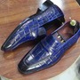 Men's Blue Alligator Print Leather Penny Handmade Loafer Shoes-2