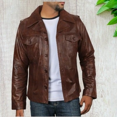Classic button style antique brown leather jacket fashion biker