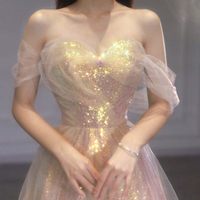 Shiny Tulle Sequins Long Prom Dress, Off the Shoulder Evening Party Dress - Thumbnail 2