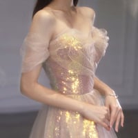 Shiny Tulle Sequins Long Prom Dress, Off the Shoulder Evening Party Dress - Thumbnail 1