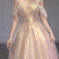 Shiny Tulle Sequins Long Prom Dress, Off the Shoulder Evening Party Dress - Thumbnail 3