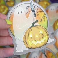 Ghost Carving Pumpkin Sticker - Thumbnail 1
