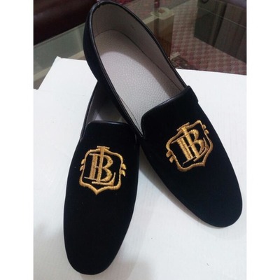 Handmade black velvet loafer embroidery men shoes
