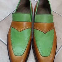 Brown Green Contrast Leather Classic Loafers Moccasin Dress Shoes - Thumbnail 1