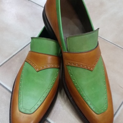 Brown green contrast leather classic loafers moccasin dress shoes