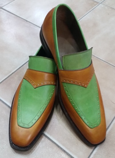 Brown Green Contrast Leather Classic Loafers Moccasin Dress Shoes