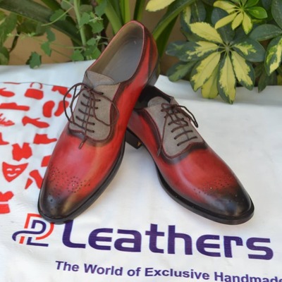 Bespoke Handmade Red Gray Suede Leather Men Formal Dress Oxford Shoes