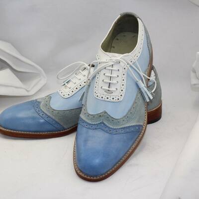 Unique and classic tri color and suede leather contrast oxford wingtip dress shoes