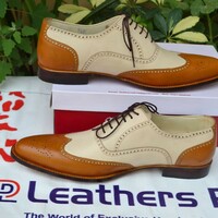 Bespoke Handmade Brown Beige Leather Wingtip Oxford Pointed Toe Dress Shoes - Thumbnail 1