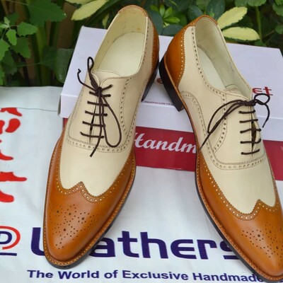 Bespoke Handmade Brown Beige Leather Wingtip Oxford Pointed Toe Dress Shoes