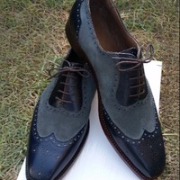 Black Gray Suede Leather Wingtip Oxford Dress Lace up Shoes - Thumbnail 1