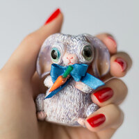 Mauve Bunny with Carrots, polymer clay figurine with fabric blue bowtie - Thumbnail 3