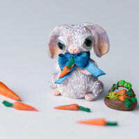 Mauve Bunny with Carrots, polymer clay figurine with fabric blue bowtie - Thumbnail 4