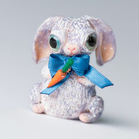 Mauve Bunny with Carrots, polymer clay figurine with fabric blue bowtie - Thumbnail 5