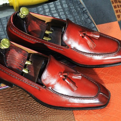 Men's fashion burgundy leather tussle split toe handmade loafer shoes