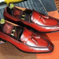 Men's Fashion Burgundy Leather Tussle Split Toe Handmade Loafer Shoes - Thumbnail 1