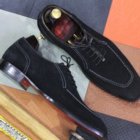 Handmade Fashion Black Suede Lace Up Handmade Dress Shoes - Thumbnail 1