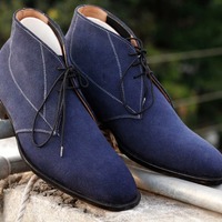 Handmade Fashion Blue Suede Lace Up Men's Derby Boots - Thumbnail 1