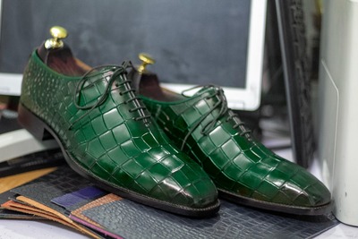 Men's Green Alligator Print Leather Lace Up Fashion Handmade Office Shoes