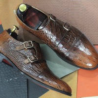 Handpainted Men's Brown Leather Cap Toe Double Buckle Alligator Print Fashion Shoes - Thumbnail 1